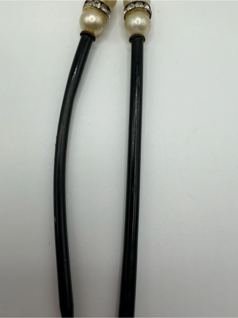 2 Vtg Art Deco Hair Stick French Black Celluloid Faux Pearl Rhinestone Bun Pin